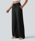 Pantalon large décontracté taille mi-haute avec cordon de serrage et poches