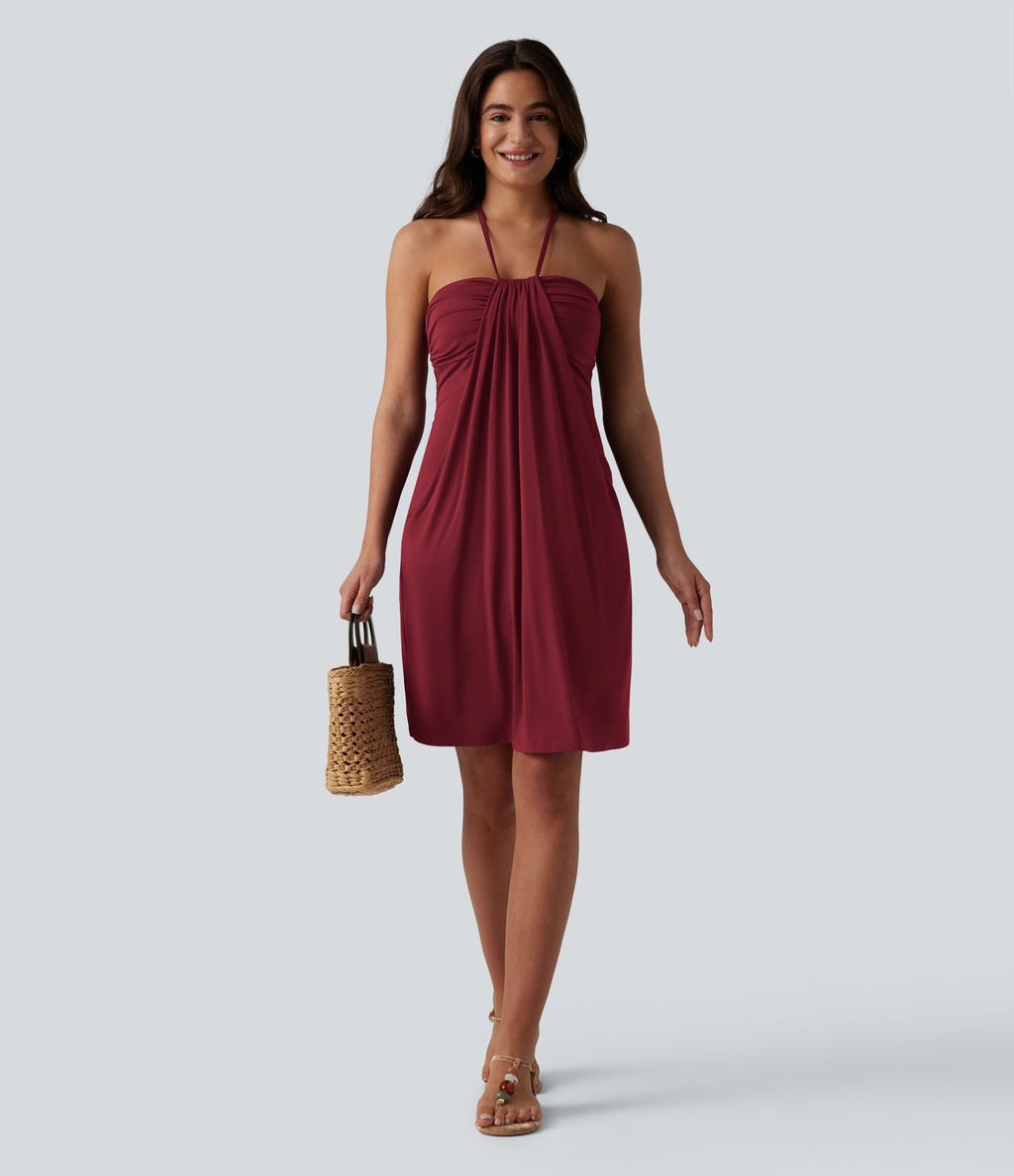 Robe mini dos nu à bretelles, brassière intégrée et poches