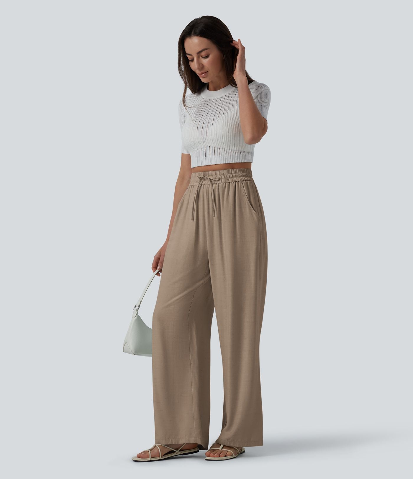 Pantalon casual large fluide mélange lin taille haute avec cordon de serrage et poches