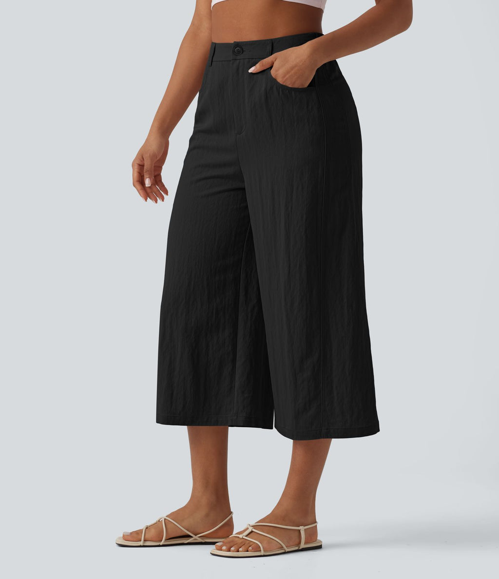 Pantalon large décontracté court taille haute avec poches