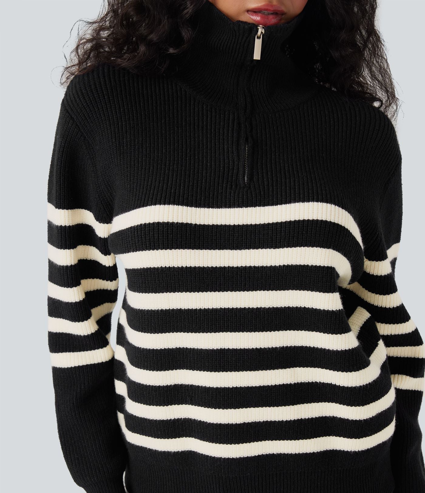 Pull décontracté color block rayé col revers demi-fermeture éclair