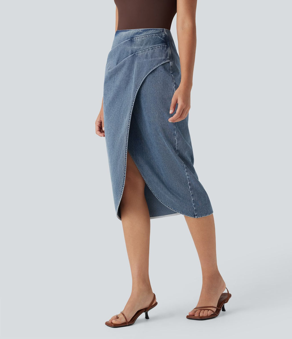 Halara Flex™ Jupe en Jean midi délavé taille haute avec zip dos, effet drapé et ourlet tulipe