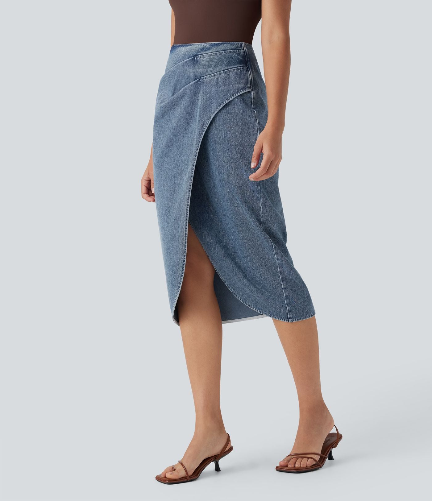 Halara Flex™ Jupe en Jean midi délavé taille haute avec zip dos, effet drapé et ourlet tulipe