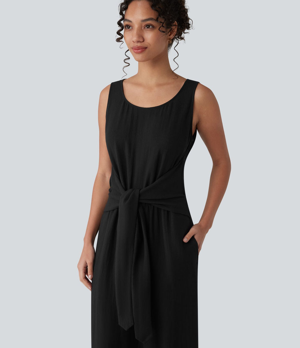 Combinaison casual aspect lin col rond échancré sans manches avec nœud frontal et poches – Easy Peasy