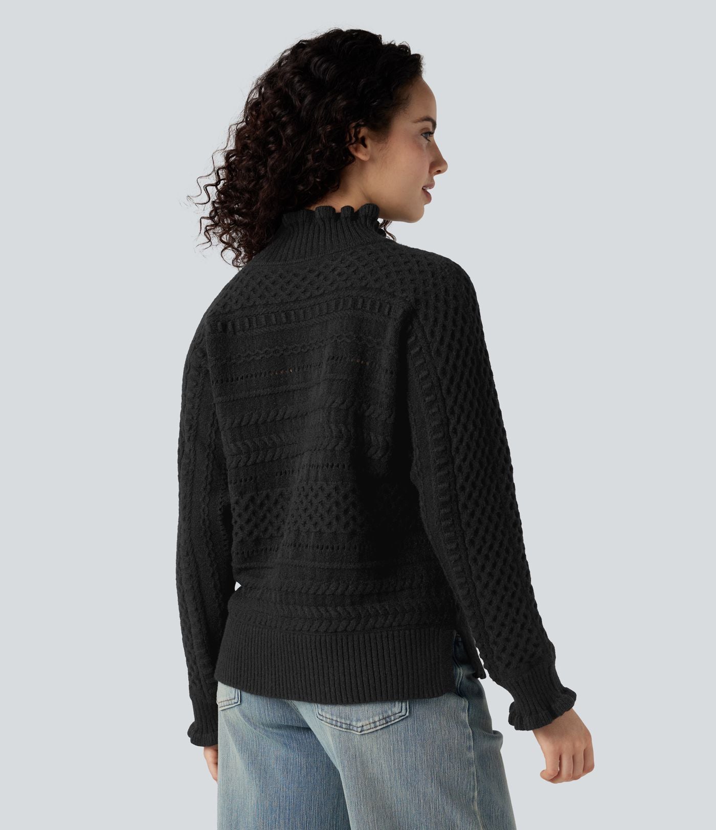 Pull col montant à volants manches longues à découpes