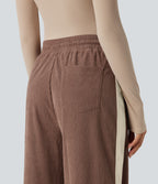 Pantalon jogging décontracté droit colorblock en velours côtelé, taille haute, avec cordon et poches