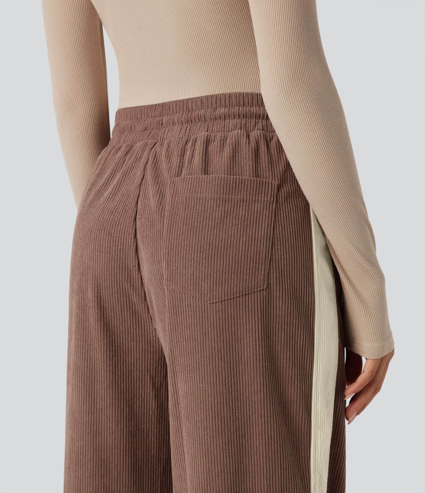 Pantalon jogging décontracté droit colorblock en velours côtelé, taille haute, avec cordon et poches