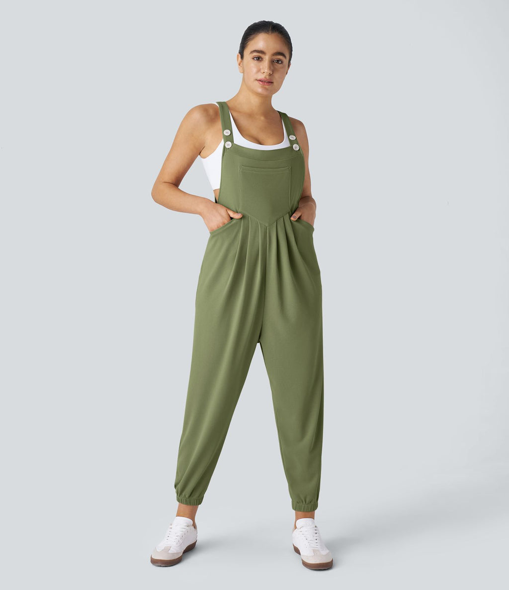 Salopette Casual Bretelles Ajustables Boutonnés Multiples Poches Plis et Tissu Gaufré