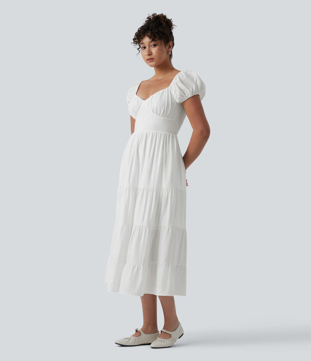 Robe midi décontractée à volants, col Queen Anne, manches bouffantes froncées et poches