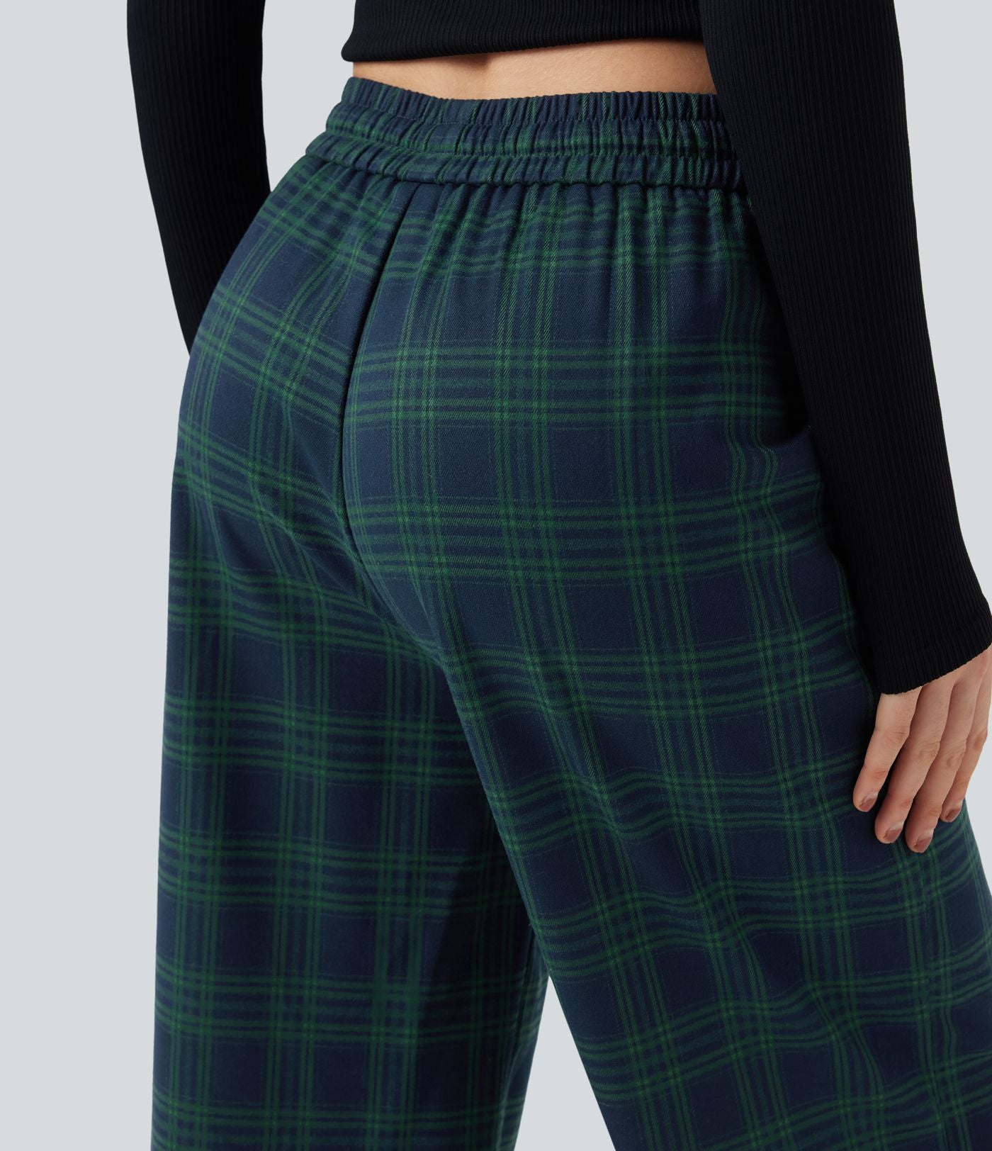 Pantalon baggy taille haute imprimé carreaux avec poches
