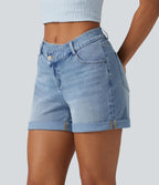 Short denim décontracté Halara Flex™ asymétrique délavé taille haute ourlet roulotté avec poches
