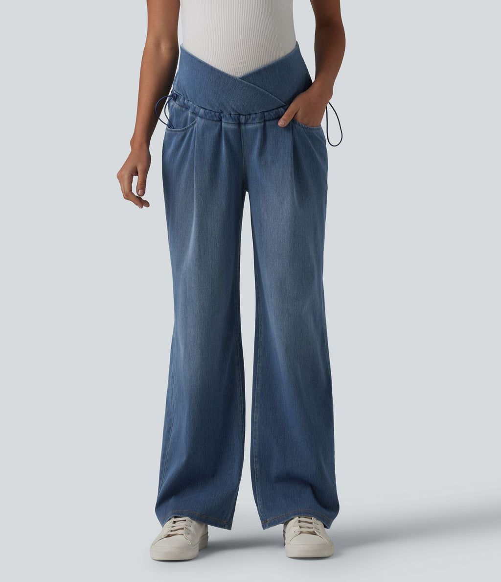 Halara Flex™ Jean de maternité ample décontracté à taille haute croisée avec cordon de serrage ajustable et poches