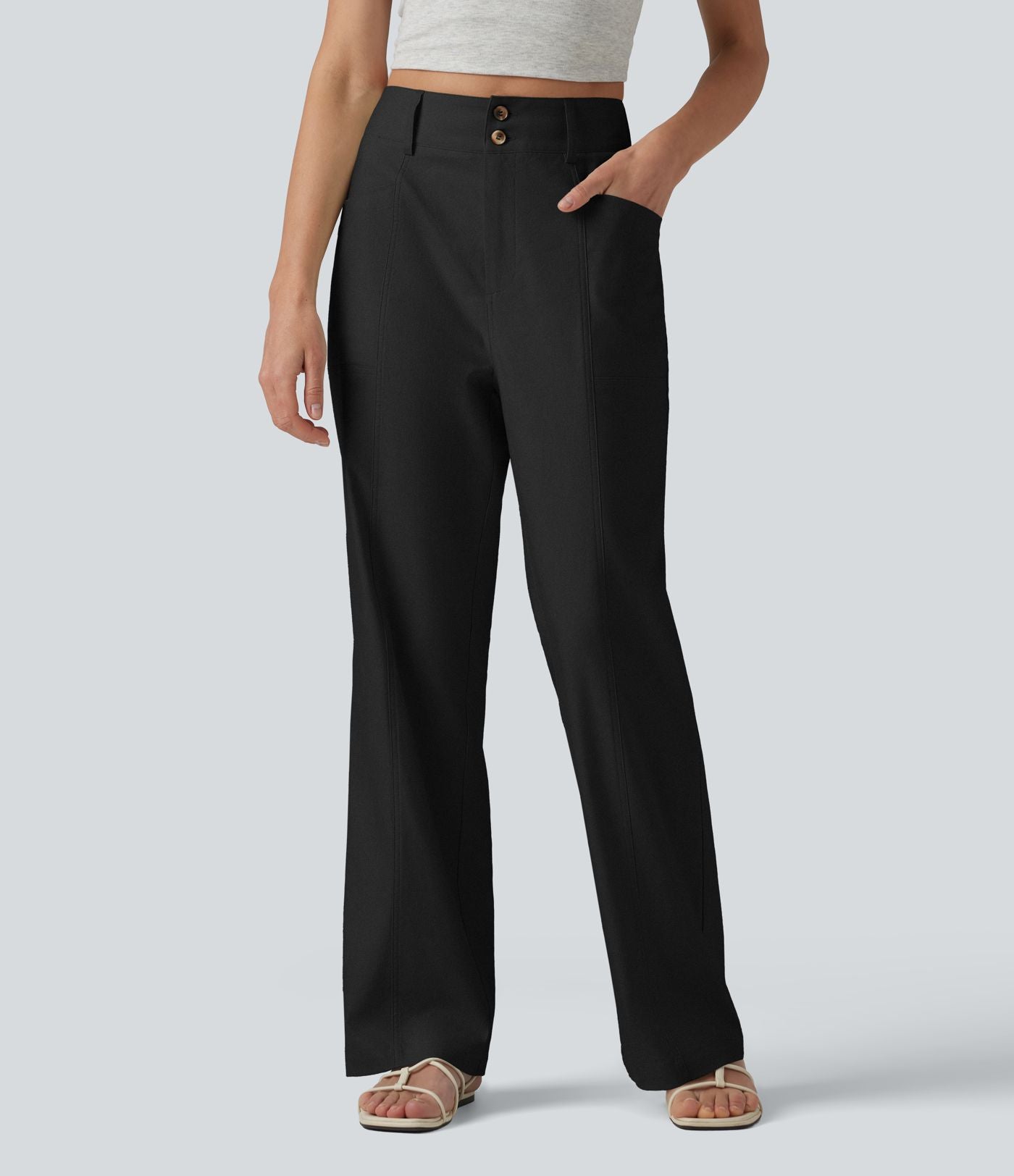 Pantalon droit décontracté en coton et lin taille haute avec poches