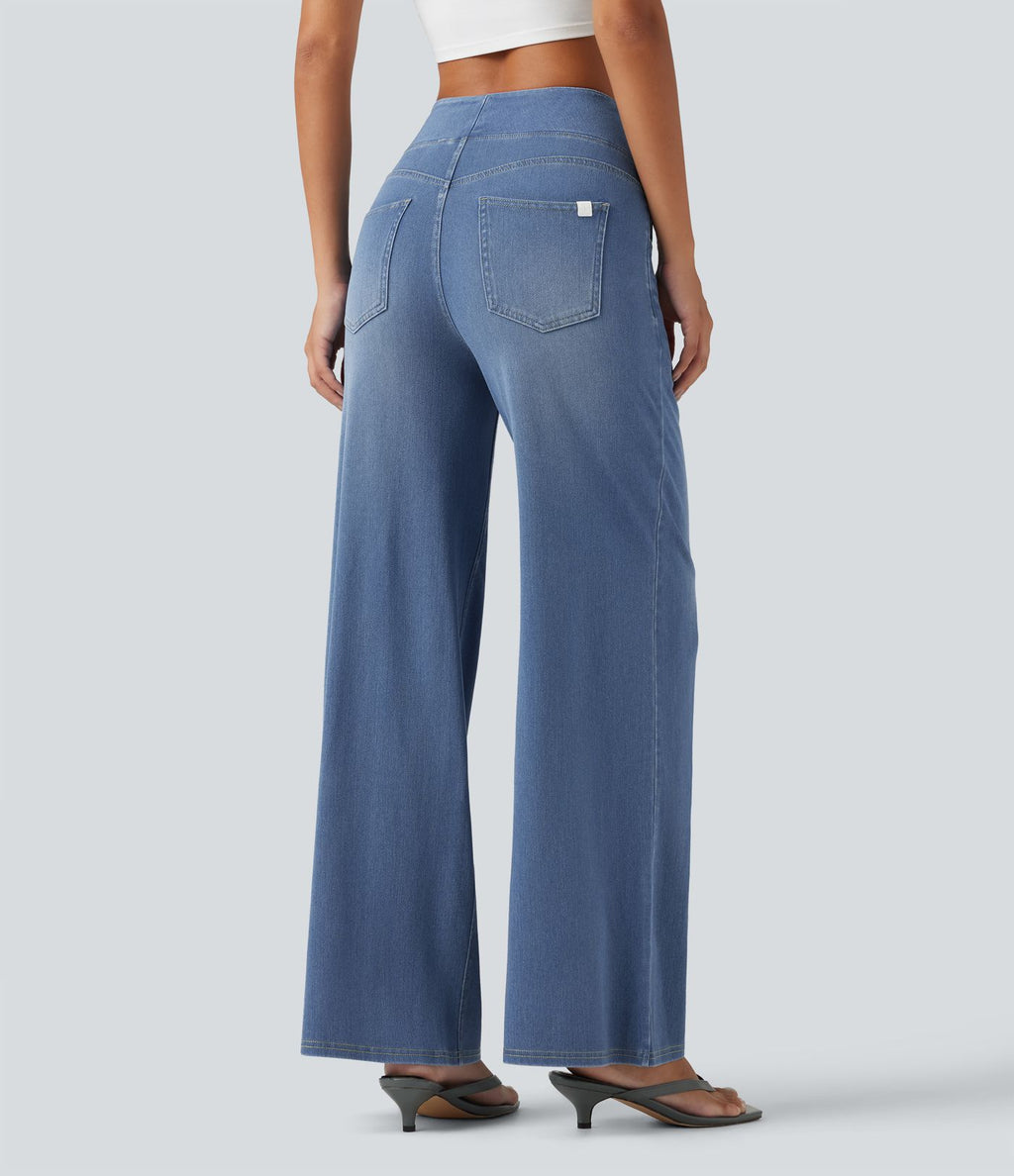 Halara Flex™ Jean large casual taille haute ventre plat, en lyocell drapé effet délavé, avec poches