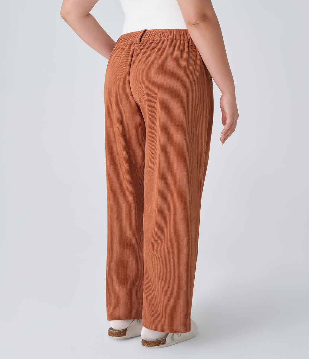 Pantalon Casual Grande Taille Velours Côtelé Taille Mi-haute Boutonnés Fermeture Éclair Poches Latérales