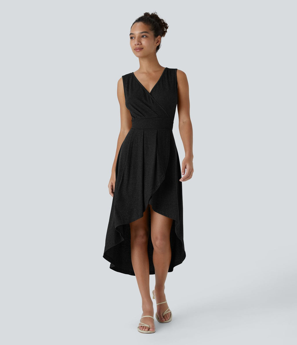 Robe Mi-Longue Plissée Décolleté Plongeant Sans Manches Haut Bas Ourlet Croisé