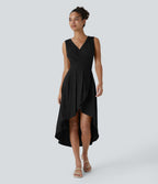 Robe Mi-Longue Plissée Décolleté Plongeant Sans Manches Haut Bas Ourlet Croisé