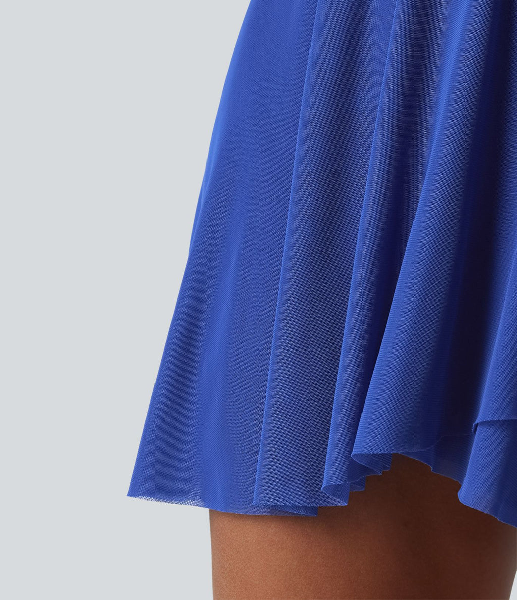Robe de tennis courte 2-en-1 à bretelles SoftlyZero™ dos nu avec mesh contrasté, brassière intégrée et poches – Édition Easy Peasy – UPF 50+