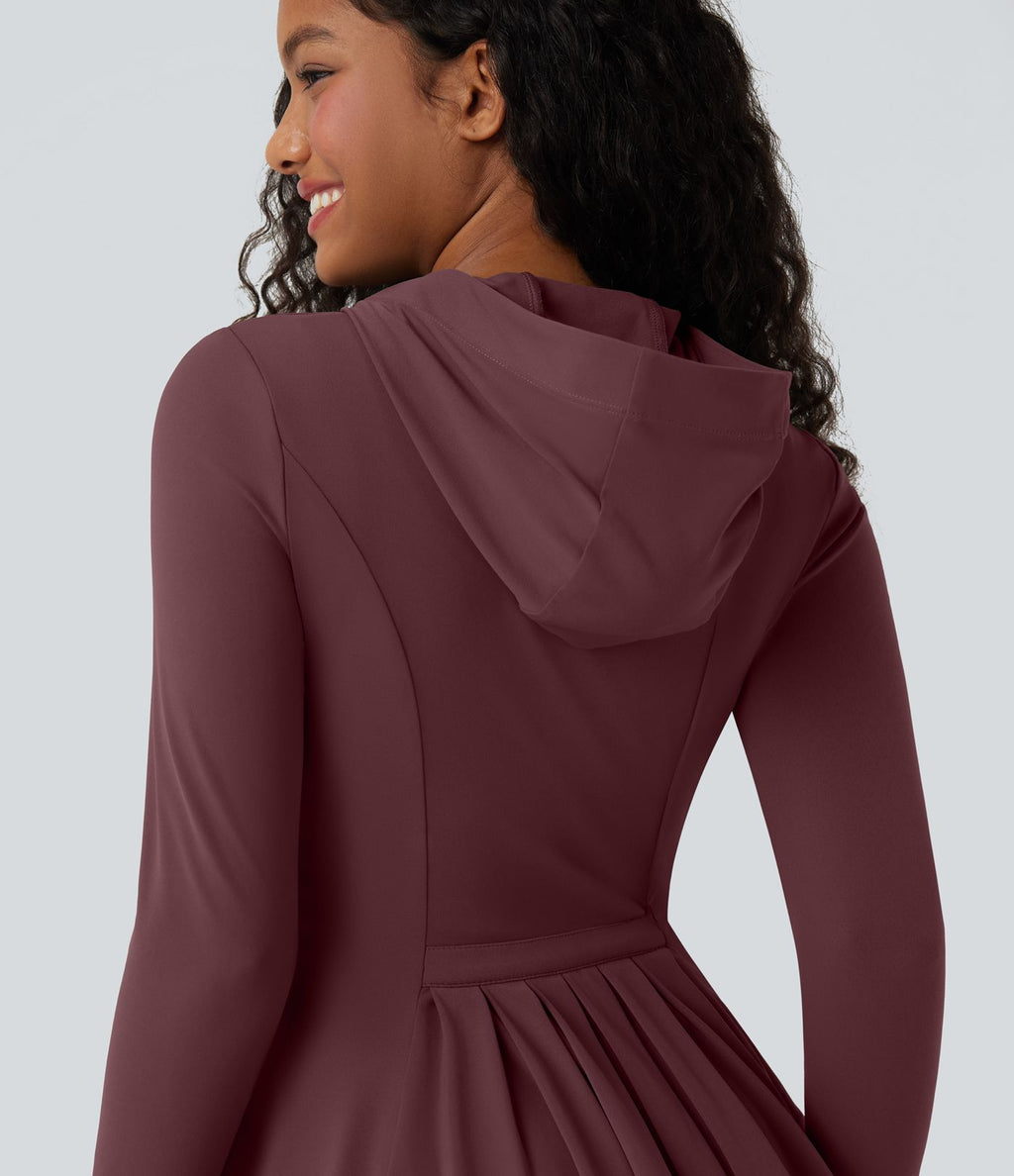 Veste SoftlyZero™ à capuche manches longues avec trous pouces détails plissés et poches-UPF50+