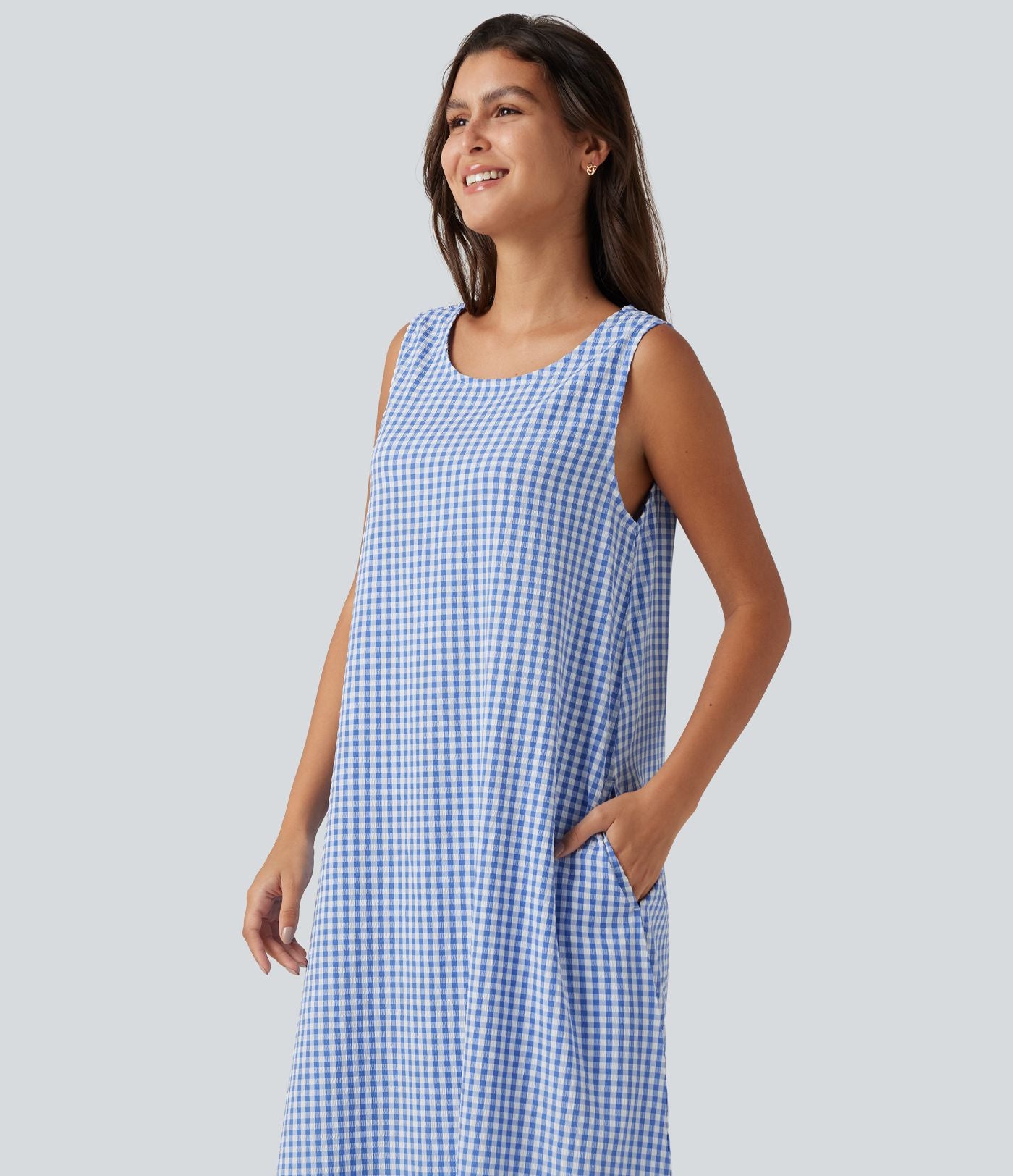 Robe débardeur midi décontractée col rond sans manches en vichy froissé avec poches