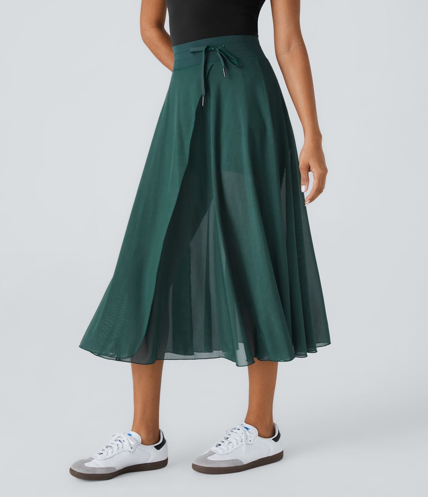 Jupe Casual Évasée Mesh Mi-Longue Fuide 2 en 1 Contrastée Taille Haute Cordon Poche Latérale