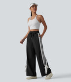 Pantalon large de course taille haute effet frais InstantCool à séchage rapide, color block à rayures avec nœud, cordon de serrage et poches, protection solaire UPF40+