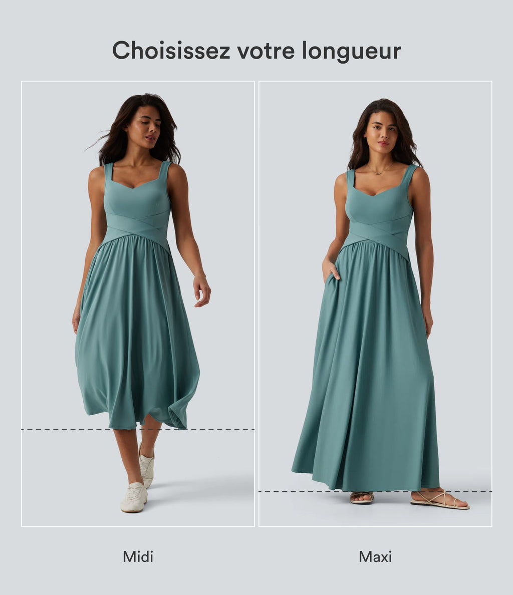 Robe midi fluide sans manches dos croisé, avec brassière intégrée (Bonnets E-G) et poches