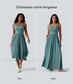 Robe midi fluide sans manches dos croisé, avec brassière intégrée (Bonnets E-G) et poches