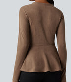 Veste daim col V ourlet à volants manches longues