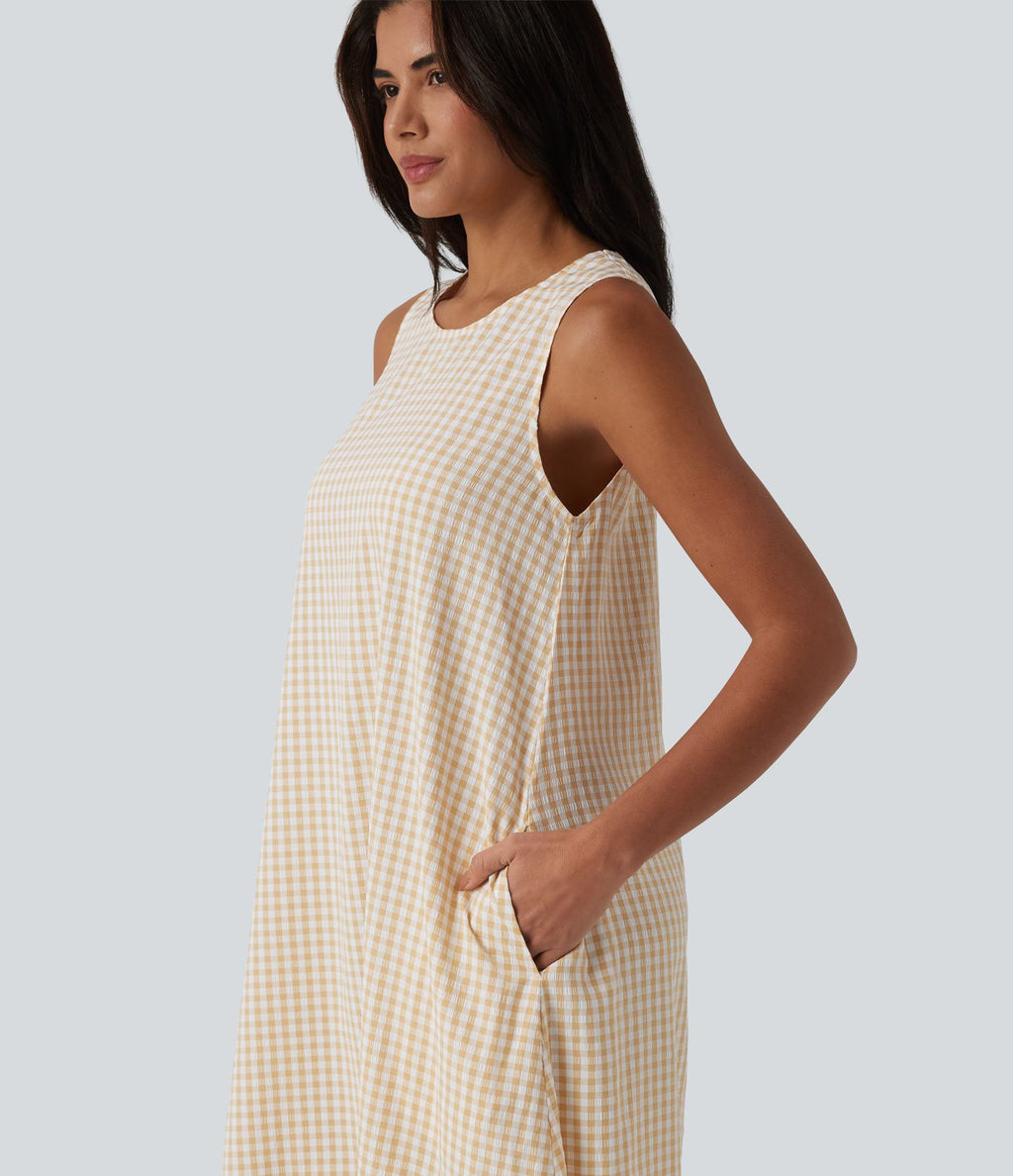 Robe débardeur midi décontractée col rond sans manches en vichy froissé avec poches