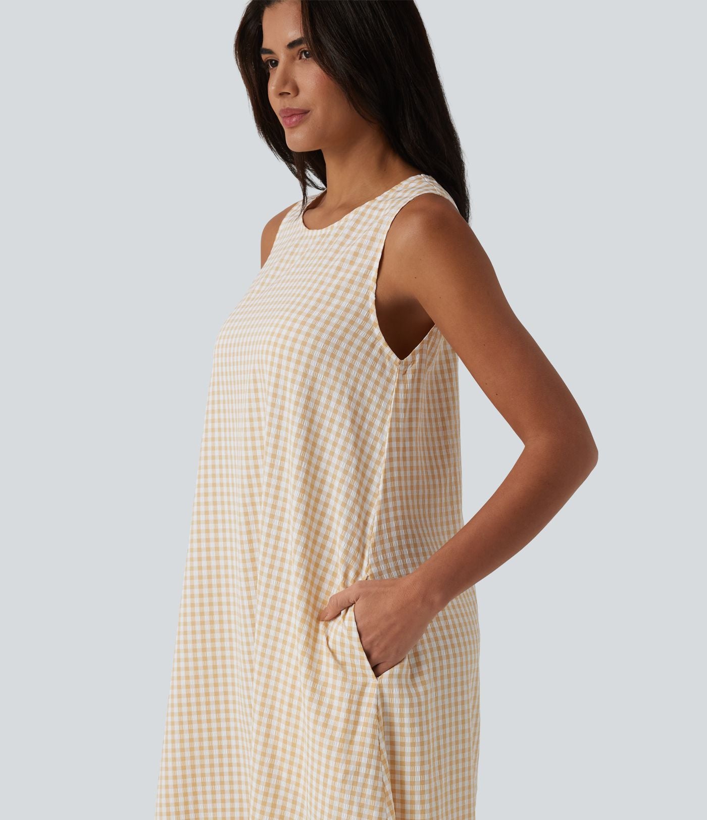 Robe débardeur midi décontractée col rond sans manches en vichy froissé avec poches