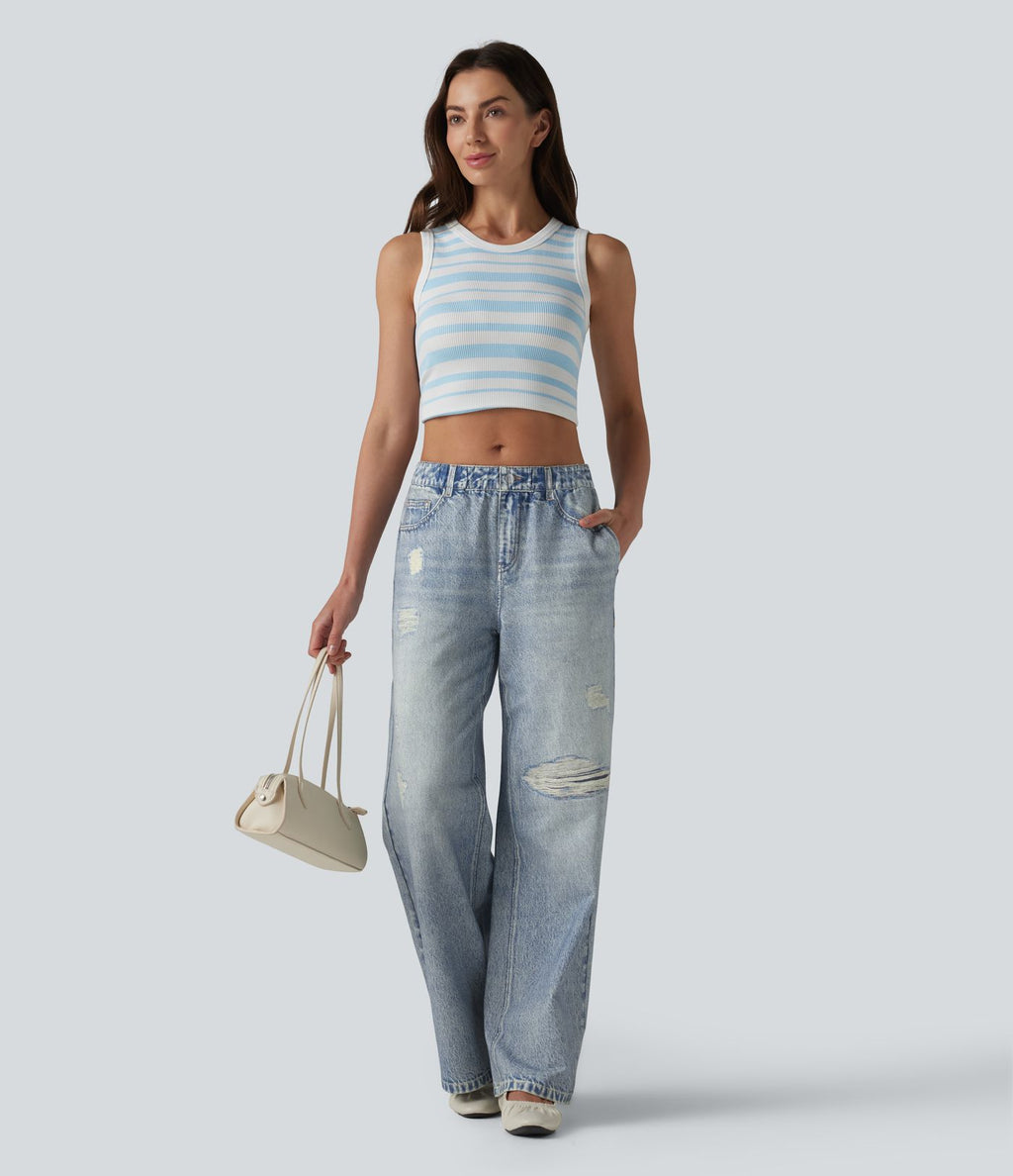 Jogging jean décontracté en molleton French Terry imprimé denim taille mi-haute avec poches