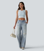 Jogging jean décontracté en molleton French Terry imprimé denim taille mi-haute avec poches