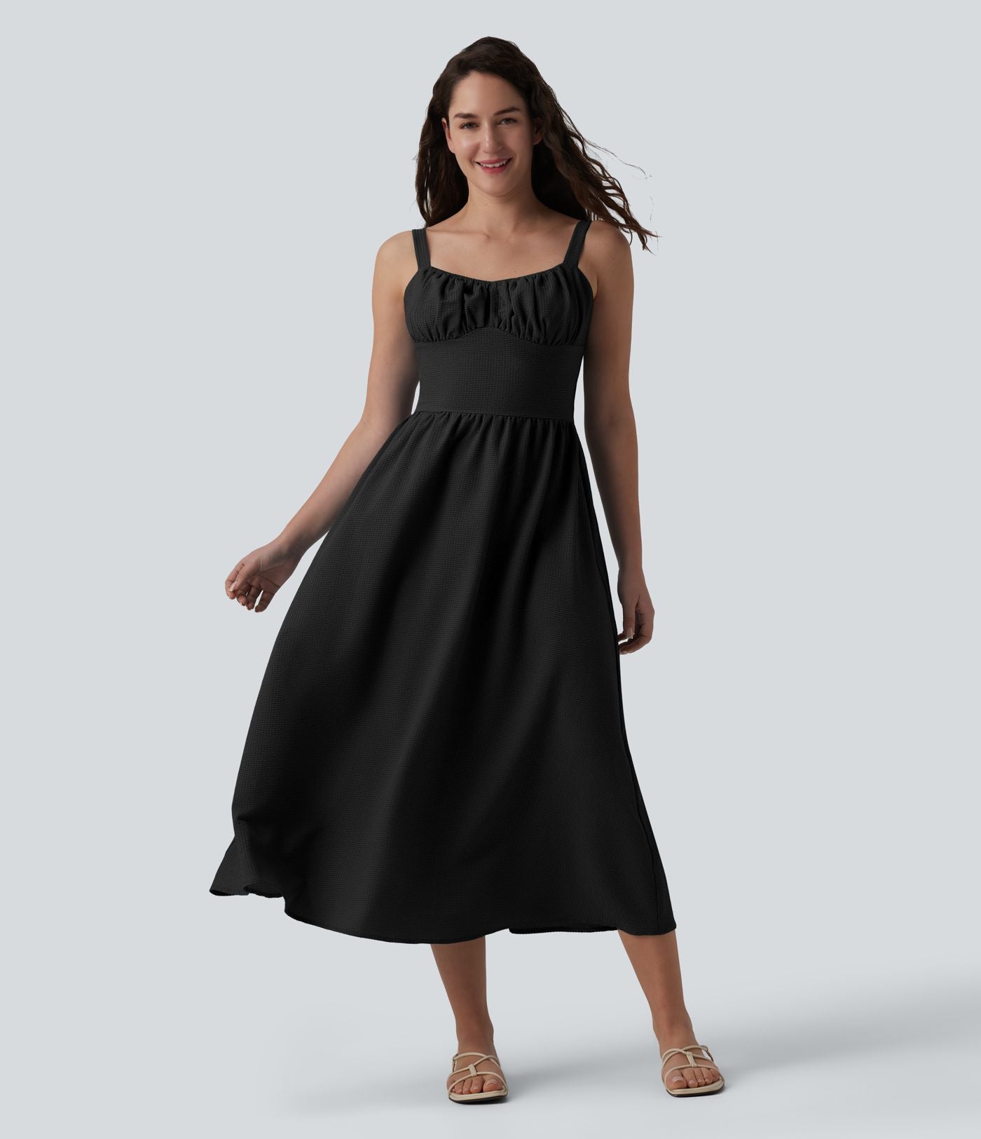 Robe fluide casual mi-longue texturée froncée et smockée