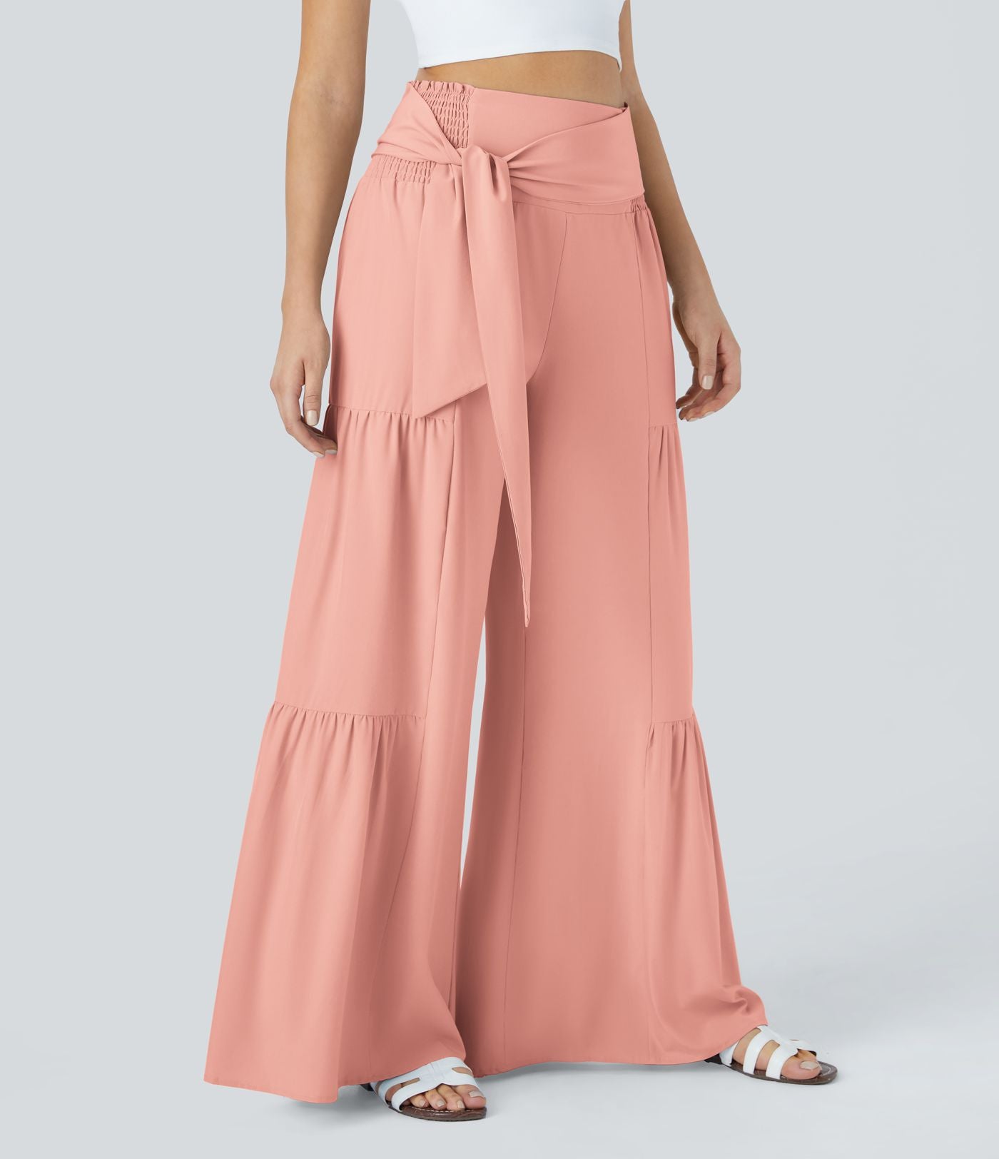 Breezeful™ Pantalon Large Casual Taille Haute Froncé à Nouer Devant et Dos Fluide Séchage Rapide