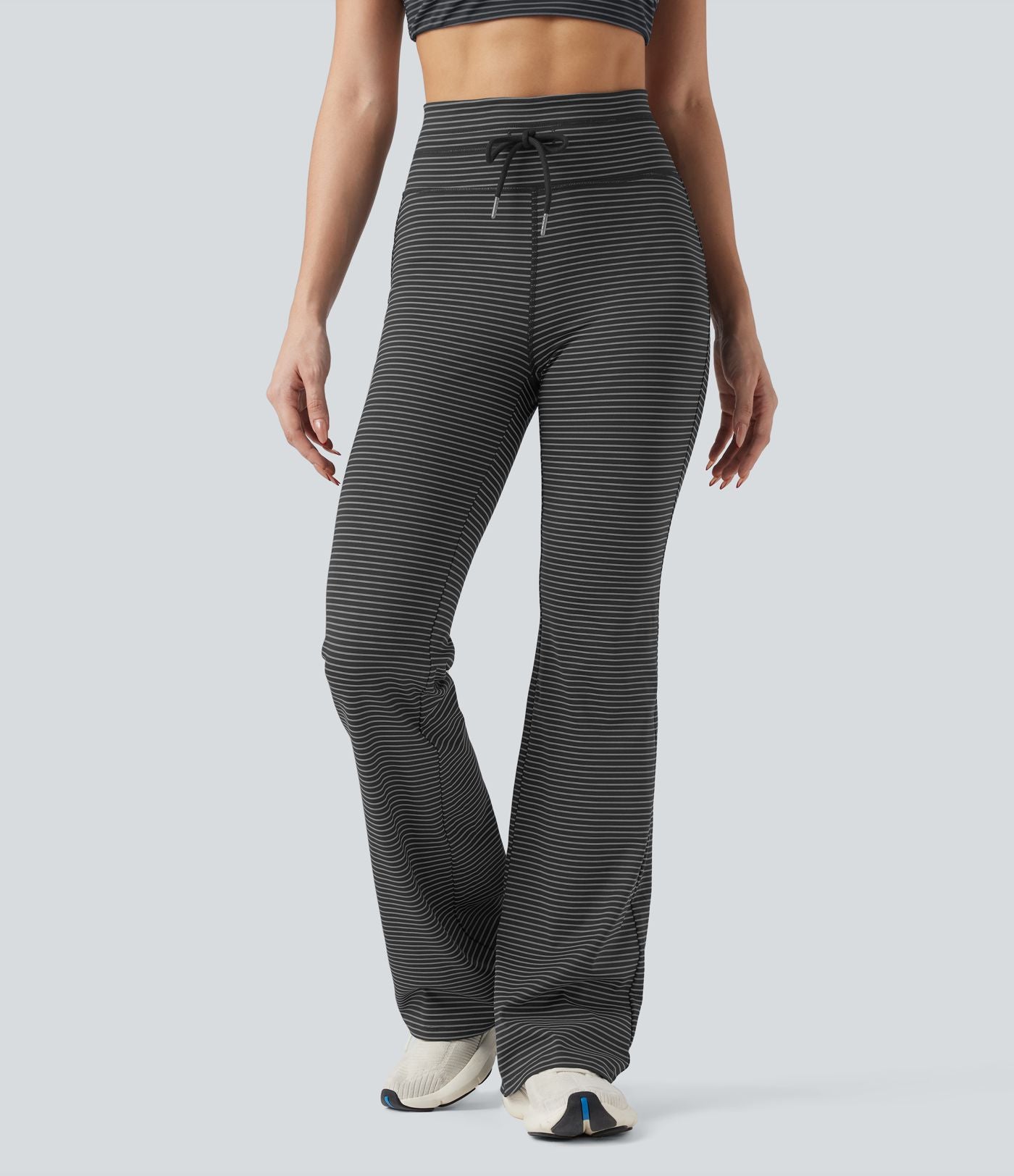 Pantalon de yoga évasé à rayures, taille haute, cordon et poches