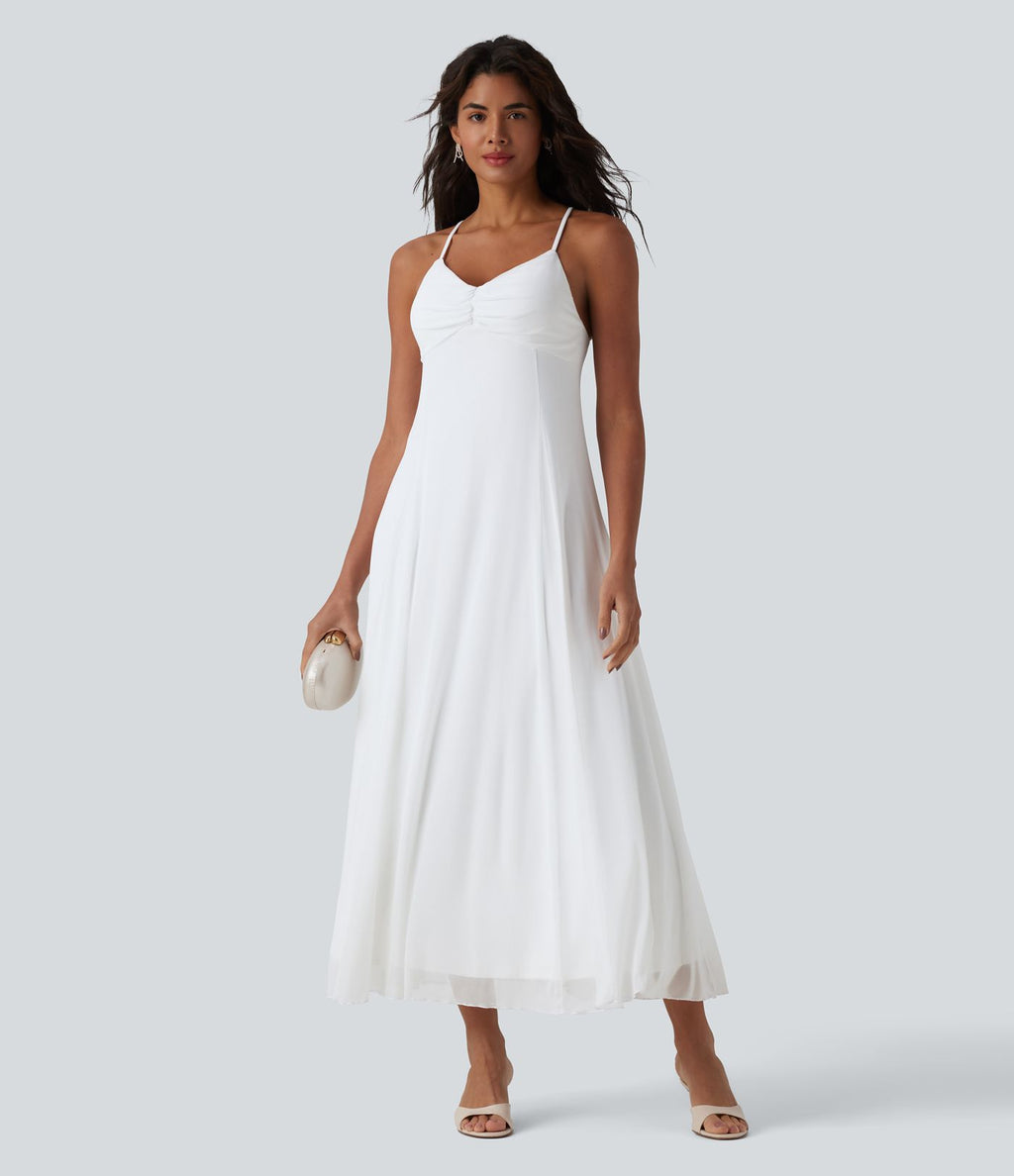 Robe longue fluide dos croisé avec superposition mesh pour demoiselle d'honneur et invitée mariage