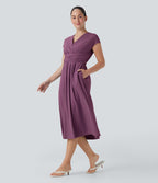 Robe midi Breezeful™ col V manches courtes à liens dans le dos séchage rapide avec poches latérales