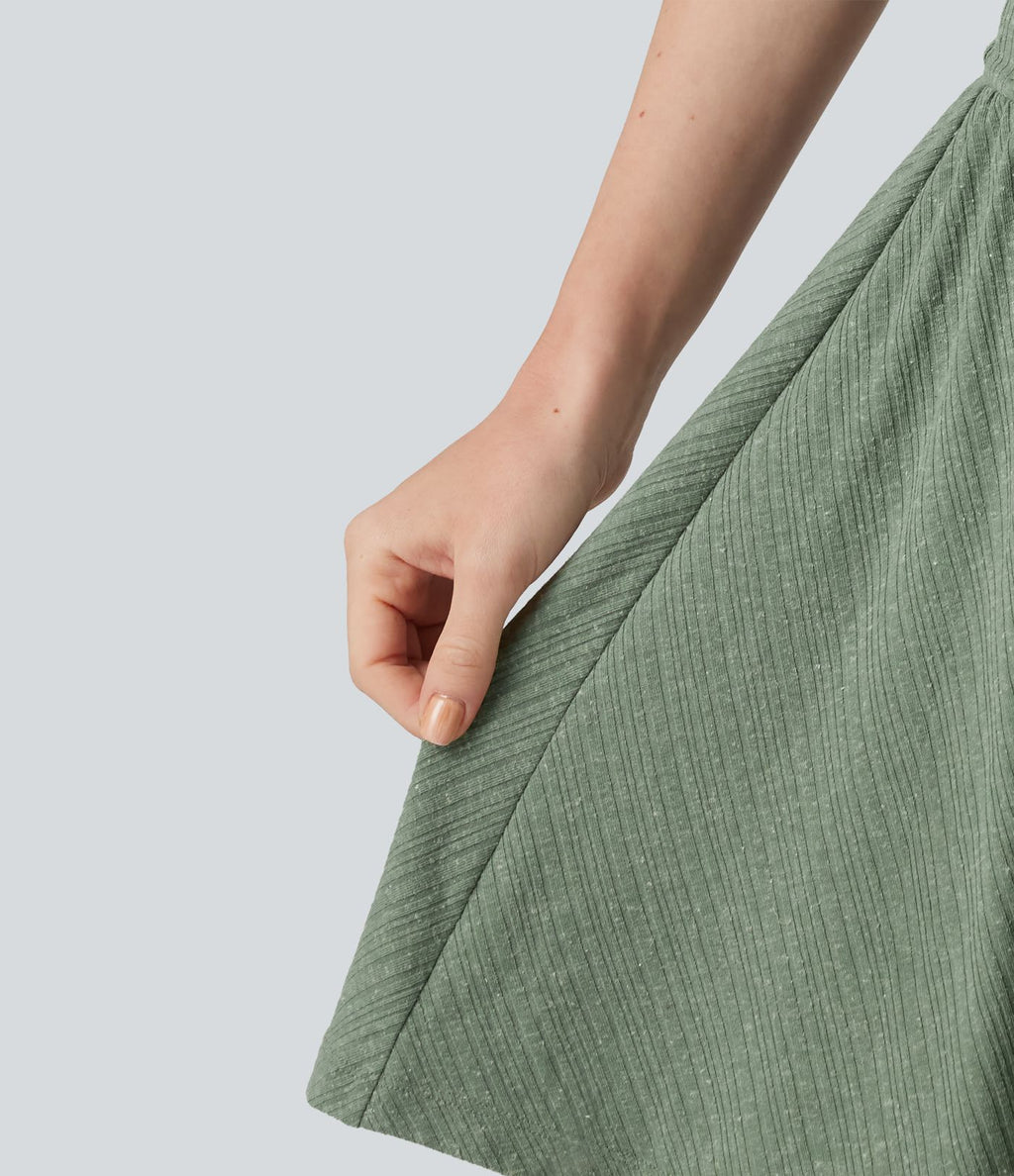 Robe mini décontractée 2-en-1 en maille côtelée mélange de lin, col V, manches courtes, coupe fluide