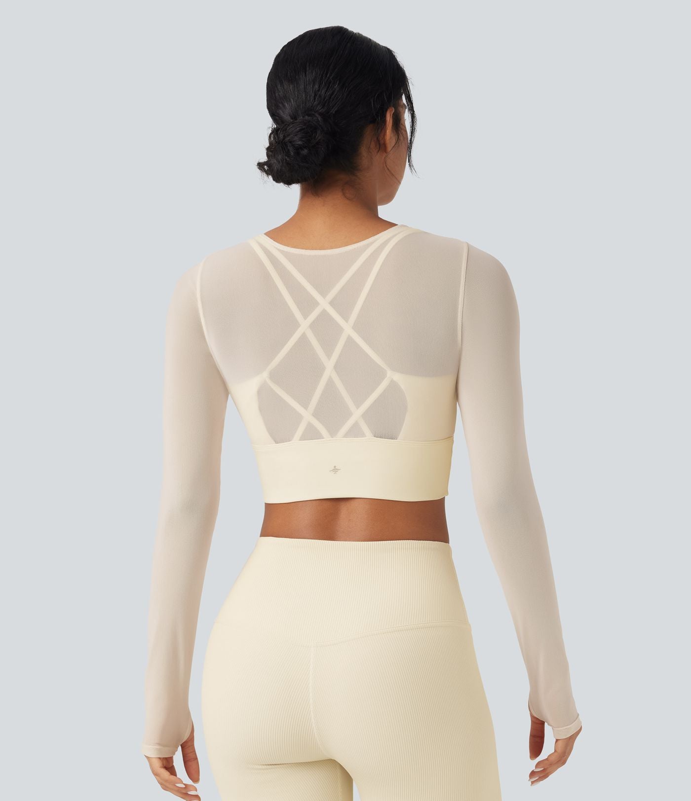 Haut de sport yoga cropped 2-en-1 manches longues mesh contrastant à trous pouces