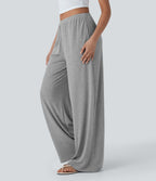 Pantalon fluide ample à taille basse avec cordon de serrage, côtes extensibles, doux pour la peau et poches latérales