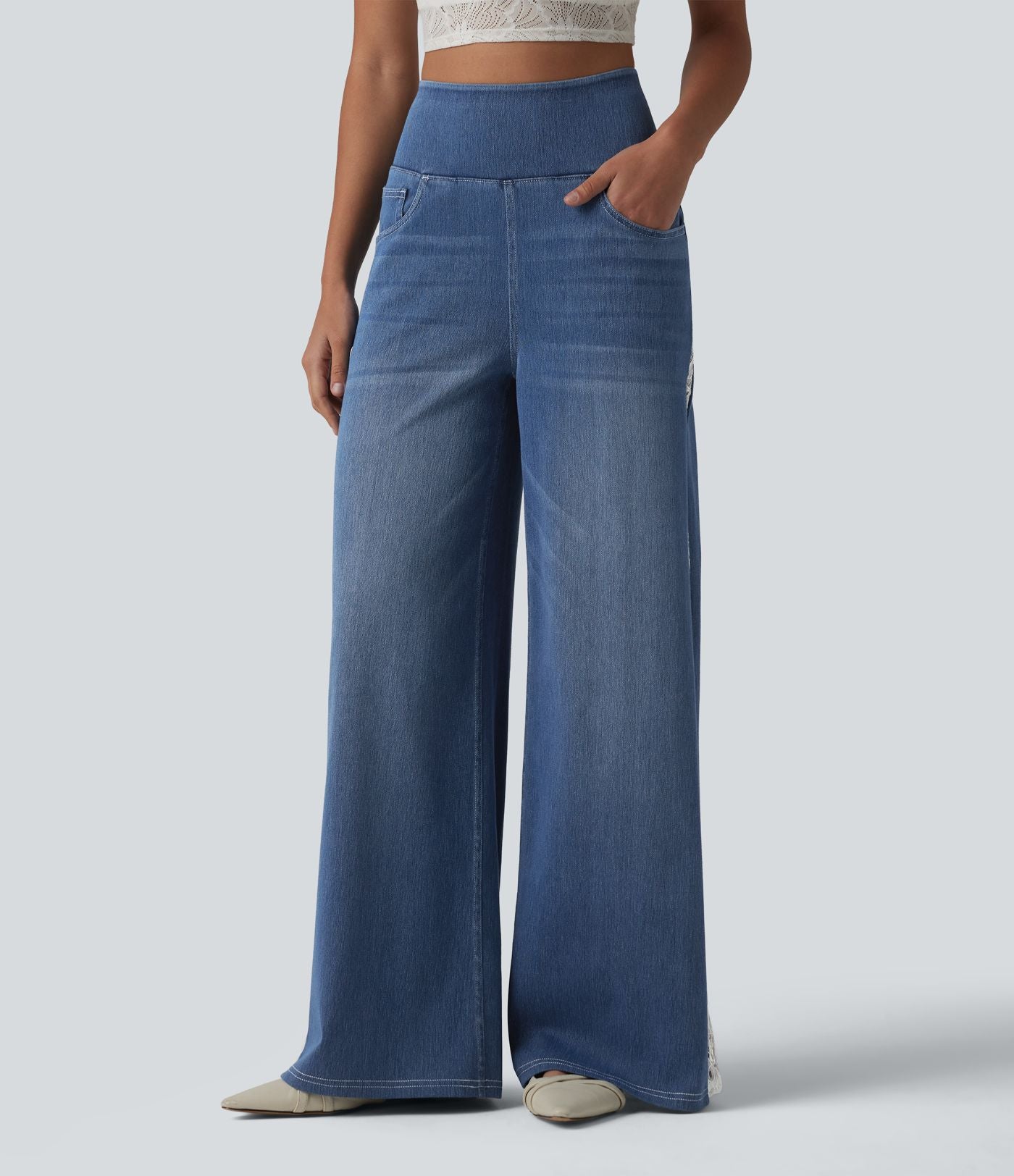 Jean large Halara Flex™ décontracté taille haute avec poches et dentelle contrastée