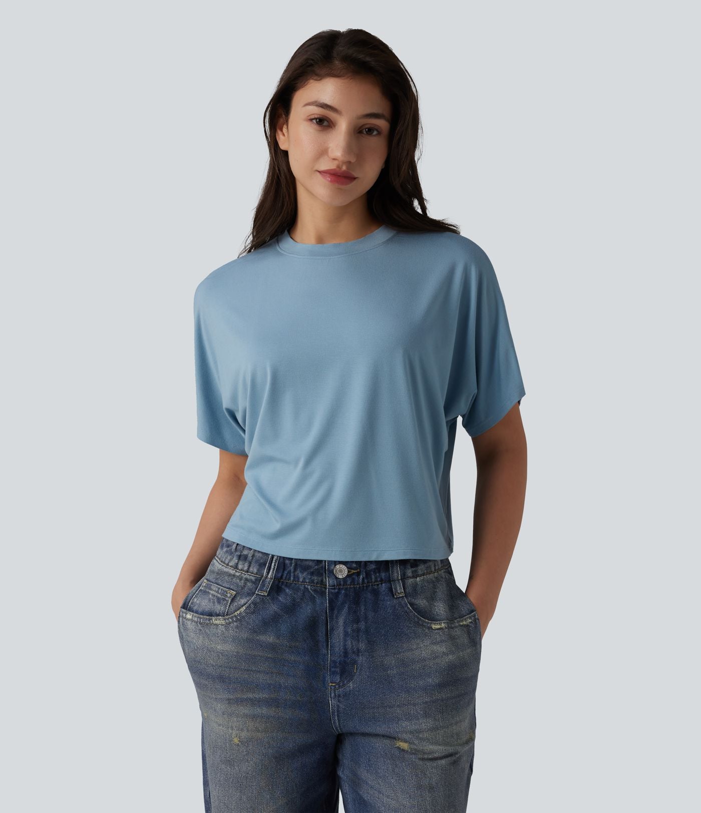 T-shirt décontracté col rond manches chauve-souris courtes
