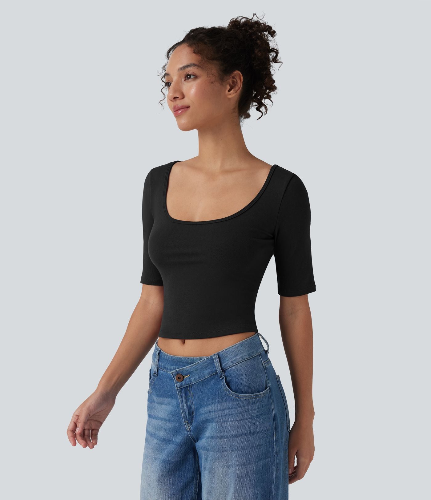 T-shirt décontracté côtelé col rond échancré manches courtes