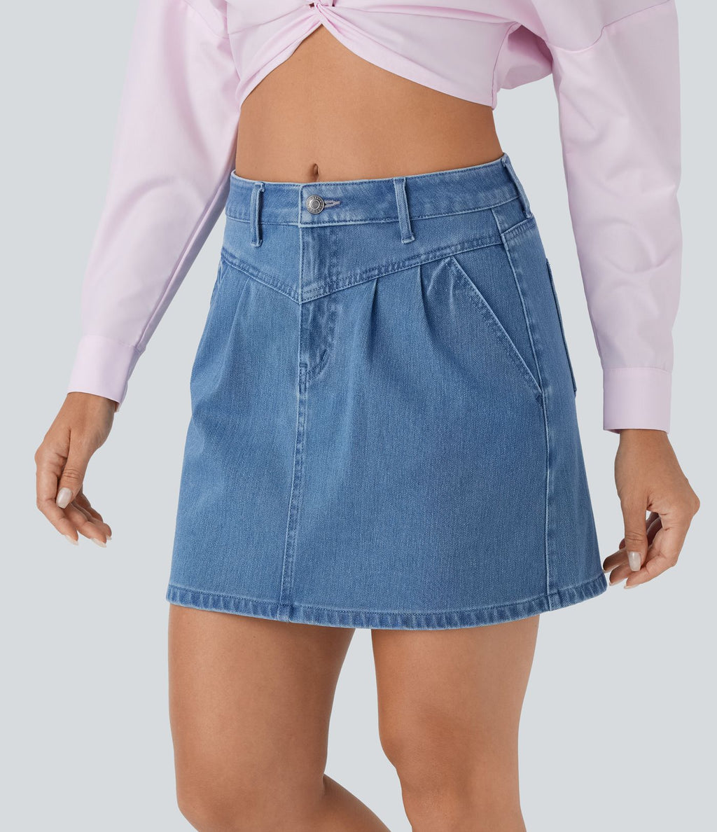 Halara Flex™ jupe patineuse mini taille moyenne en jean extensible avec boutons, fermeture éclair et poches multiples