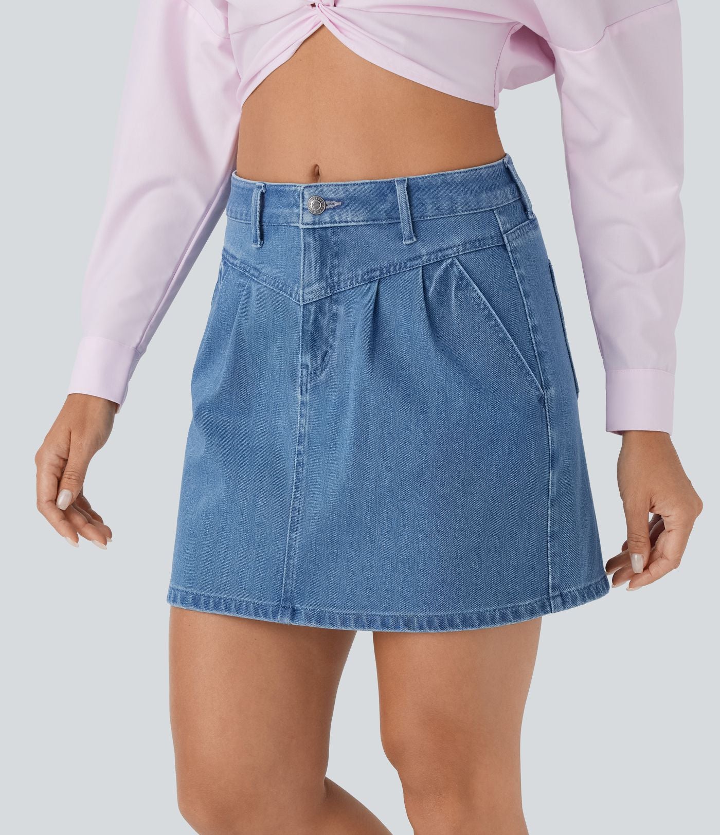 Halara Flex™ jupe patineuse mini taille moyenne en jean extensible avec boutons, fermeture éclair et poches multiples