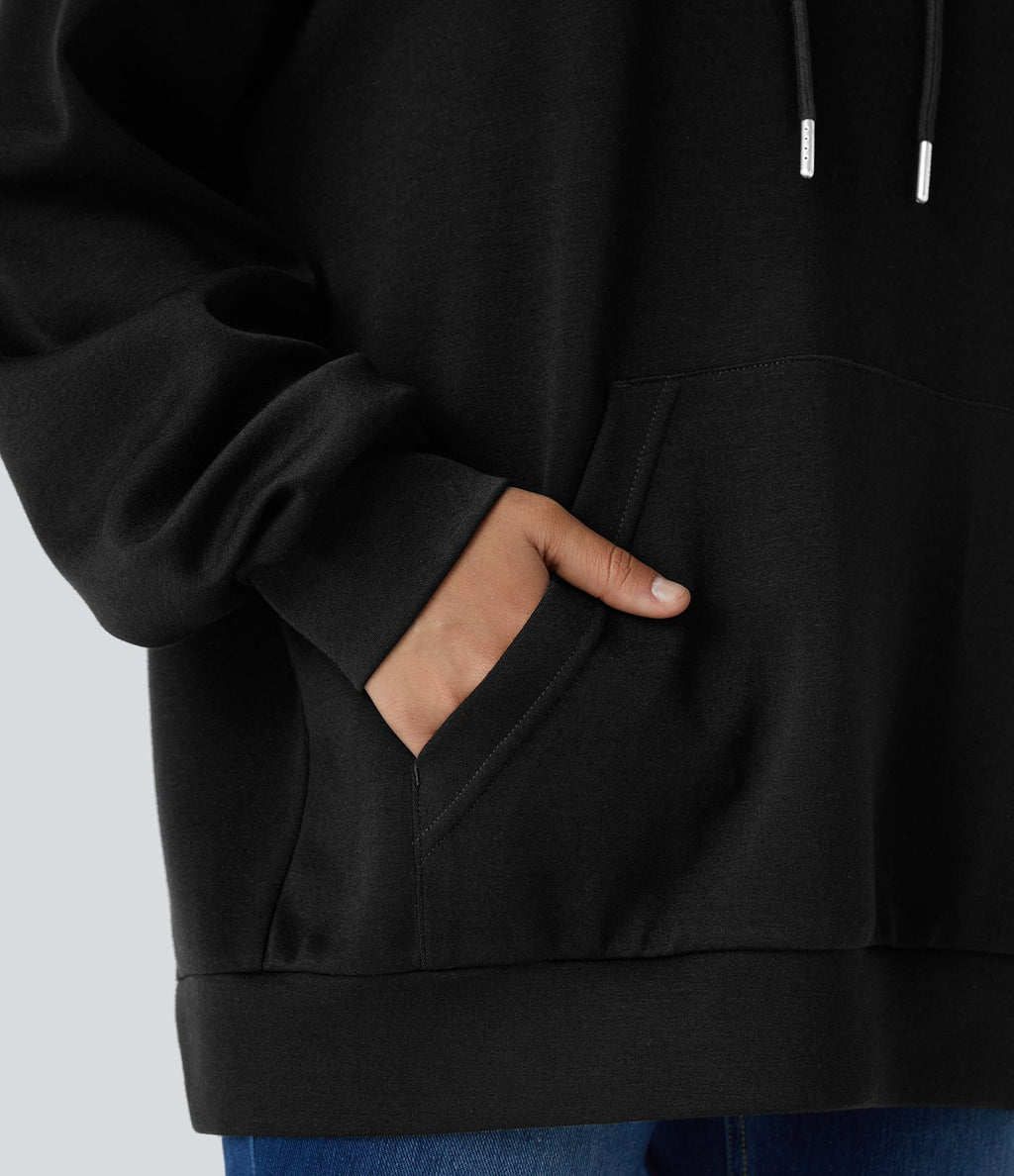Sweat-shirt décontracté à capuche avec cordon de serrage, manches longues, poche kangourou, coupe croisée et fente