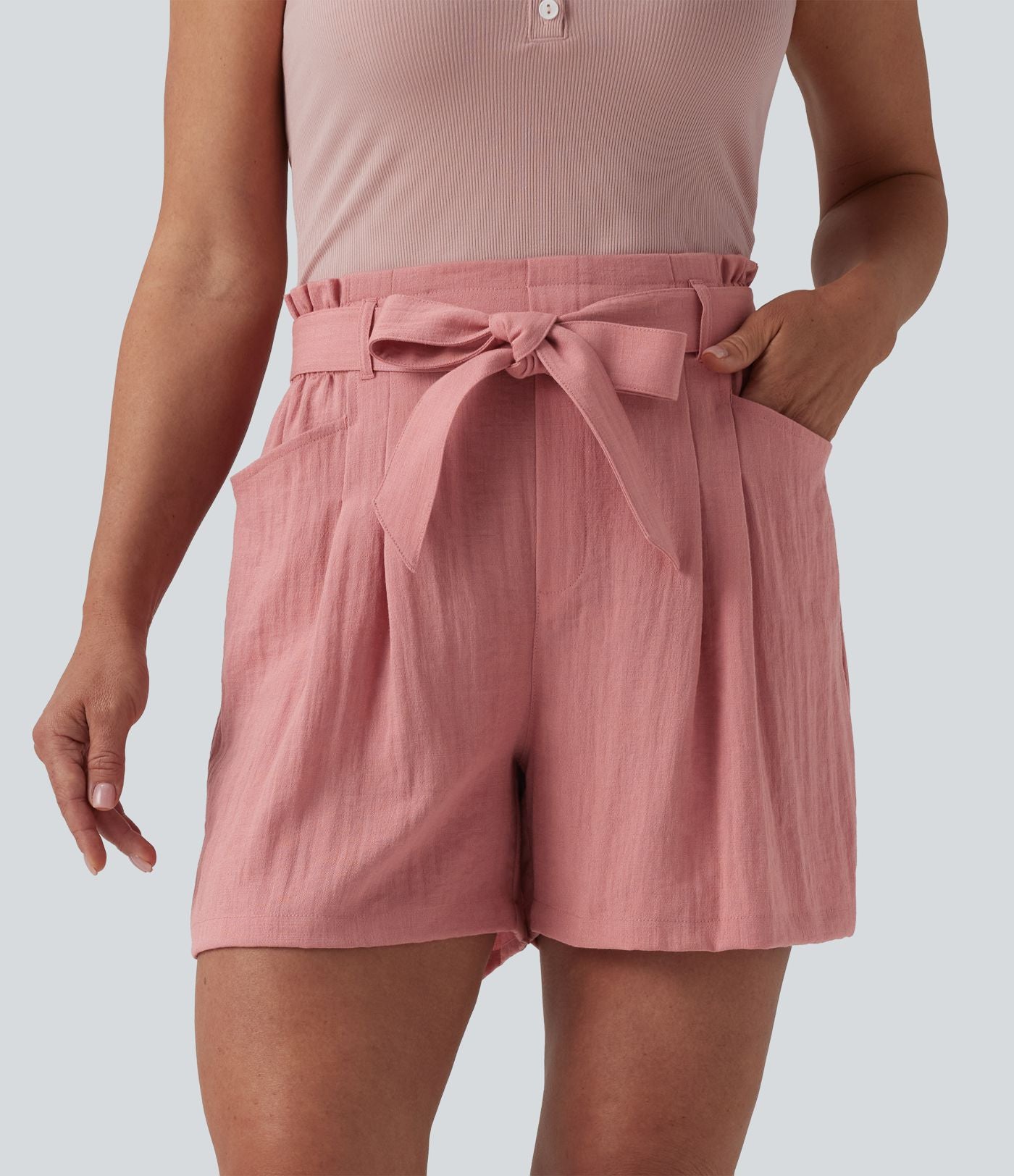 Short décontracté taille haute avec nœud devant aspect lin avec poches