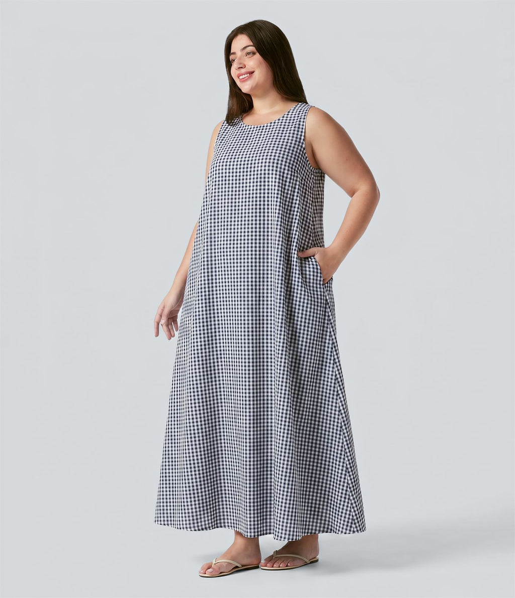 Robe débardeur midi sans manches col rond en vichy froissé grande taille à poches