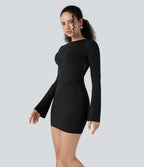 Robe de soirée moulante courte SoftlyZero™ dentelle contrastante manches longues froncée - UPF50+
